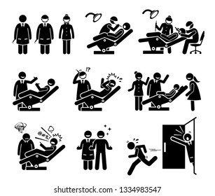 Dentist And Dental Clinic With People Funny Reactions. Artwork Depicts Doctor And Nurse Checking Man And Children Teeth. Reactions Include Happy, Scared, Crying, Angry, And Running Away From Dentist. 