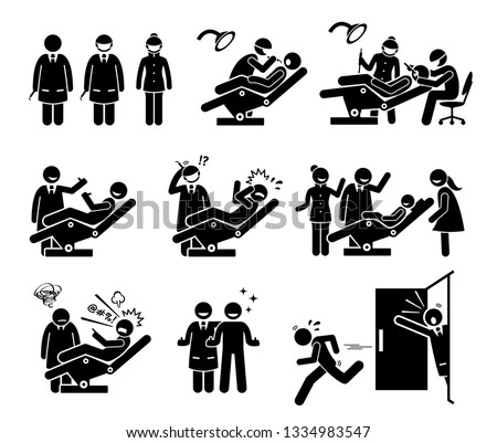 Dentist and dental clinic with people funny reactions. Artwork depicts doctor and nurse checking man and children teeth. Reactions include happy, scared, crying, angry, and running away from dentist. 