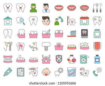 dentist and dental clinic related icon, such as toothbrush, tooth decay, make an appointment, teeth whitening, dental instruments, dentures, dental floss, filled outline icon