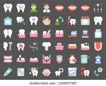 Dentist And Dental Clinic Related Icon, Such As Toothbrush, Tooth Decay, Make An Appointment, Teeth Whitening, Dental Instruments, Dentures, Dental Floss, Flat Icon