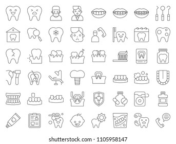 dentist and dental clinic related icon, such as toothbrush, tooth decay, make an appointment, teeth whitening, dental instruments, dentures, dental floss, thin line icon