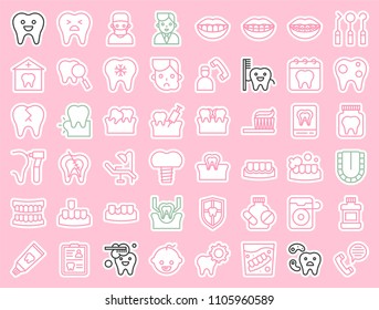 dentist and dental clinic related icon, such as toothbrush, tooth decay, make an appointment, teeth whitening, dental instruments, dentures, dental floss, sticker outline icon