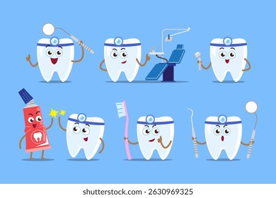 Dentist and dental equipments . Teeth cartoon characters . Isolated on blue background . Vector .