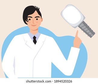 Dentist, dental implant isolated. Flat vector stock illustration. Denture concept, orthodontist services. Orthodological services, implant installation. Illustration with orthodontist or dentist