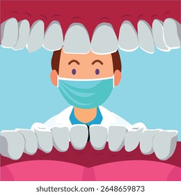 Dentist with dental instruments examining patient teeth.  Stock Illustration