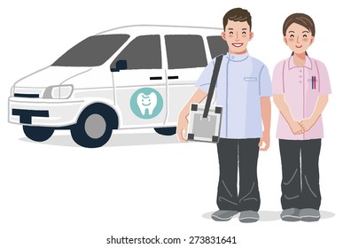 Dentist And Dental Nurse Smiling With Car In The Background, Before Visiting Their Patient Home