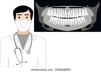 dentist and dental X-ray with copy space. panoramic photo of teeth,vector stock illustration and doctor