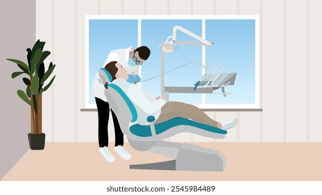 Odontólogo en el consultorio de odontología. Médico y joven paciente en silla dental en el hospital. Concepto de tratamiento de cuidado dental. Atención médica, clínica de estomatología.  Limpieza dental paciente. Chequeo de dientes sanos. 