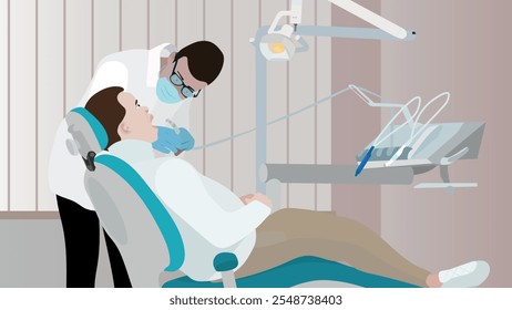 Dentista no consultório de odontologia. Médico e paciente jovem em cadeira odontológica no hospital. Conceito de tratamento dentário. Saúde, clínica de estomatologia.  Limpeza dos dentes do paciente.Checkup dentes de saúde. 