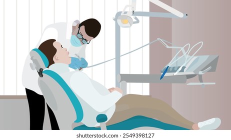 Dentista no consultório de odontologia. Médico e paciente jovem em cadeira odontológica no hospital. Conceito de tratamento dentário. Saúde, clínica de estomatologia.  Limpeza dos dentes do paciente.Checkup dentes de saúde. 