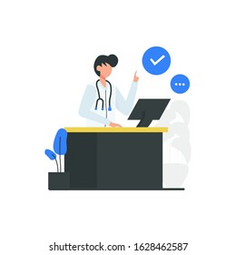 Dentist discuss and check the dental health of patients vector illustration; suitable for landing page; ui; website; mobile app; editorial; poster; flyer; article; and banner