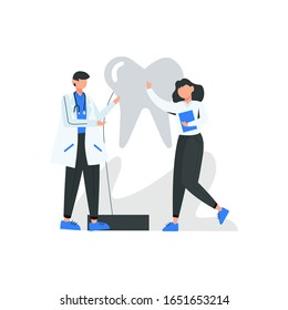 Dentist discusses and checks the dental health of patients vector illustration, suitable for landing page, ui, website, mobile app, editorial, poster, flyer, article, and banner