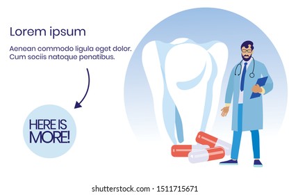 Dentist Doctor in Blue Coat on Background Tooth and Pills. Insurance Policy. Vector Illustration. Reliable Protection. Insurance Case. Health Insurance. Health Care. Dentist Medical Policy.