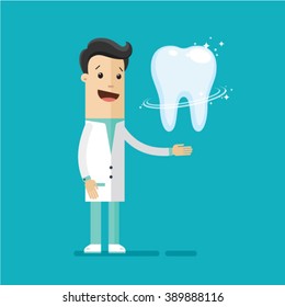 Dentist, A Doctor In A Blue Suit, A Tooth. Blue Background. Illustration, Vector EPS 10