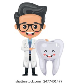 Dentist doctor cartoon with happy healthy tooth. Prevention, diagnosis and treatment of tooth and gum diseases. Dental hygiene and oral care. Tooth decay prevention. Health and medicine concept