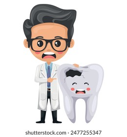 Caricatura del doctor dentista con un diente podrido y triste. Prevención, diagnóstico y tratamiento de las enfermedades de los dientes y las encías. Higiene dental y cuidado bucal. Prevención de caries. Concepto de salud y medicina