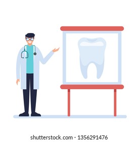 Dentist doctor character describing tooth banner. Medicine concept. Vector design graphic flat cartoon isolated illustration