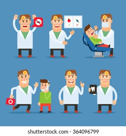 Dentist doctor character. Stomatologist and his patient. Teeth care advice. Vector illustration