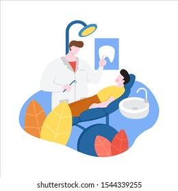 Dentist Doctor Checks Patient Tooth Health Flat Design Illustration