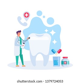 Dentist doctor man character exam checking tooth. Somatology office dentist concept. Vector flat graphic design illustration