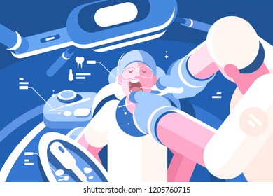 Dentist Doing Procedure At Dental Curing Clinic. Healthy Tooth Concept. Flat. Vector Illustration.