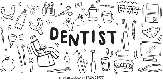 conjunto de vetor de doodle dentista - coleção de ilustração de cuidados dentários e saúde bucal
