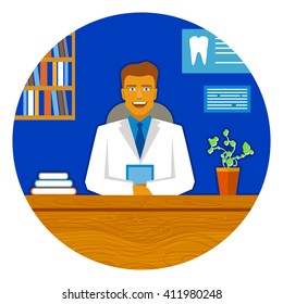 Dentist emblem. Dental office. Smiling dentist in costume at the table.