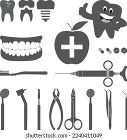 Dentist equipment black and white vector element set