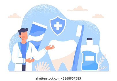 Dentist with equipment concept. Man in medical coat with teeth and toothbrush. Oral purity and hygiene. Healthcare and traeatment, prevention. Poster or banner. Cartoon flat vector illustration