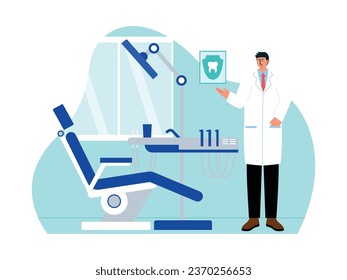 Dentista y equipo para el examen dental, tratamiento y prevención de la caries dental, medicina ilustrativa vectorial.