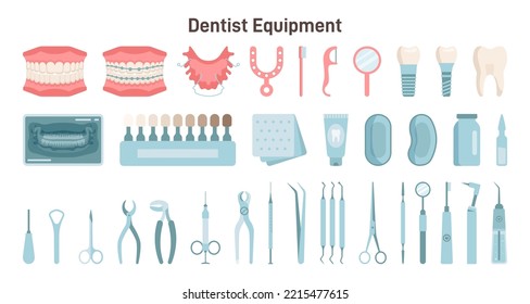 Dentist equipment set. Professional medical instruments and equipment for dental office. Orthodontic and stomatological sterile tools. Flat vector illustration