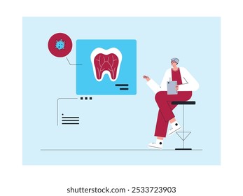 Dentist examines and cleans patient's teeth which have stains that become tartar, vector illustration.