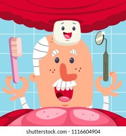 Dentist examines the first tooth in the oral cavity of the baby. Vector cartoon character of a funny doctor with a toothbrush and medical mirror.