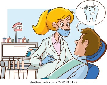 The dentist examines the patient. The dentist treats the patient's teeth. The patient is sitting in the dentist's chair. The concept of dentistry and healthcare. Vector flat cartoon.