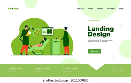 Dentist examining boy in dental chair. Doctor, tooth, visit flat vector illustration. Stomatology and dentistry concept for banner, website design or landing web page