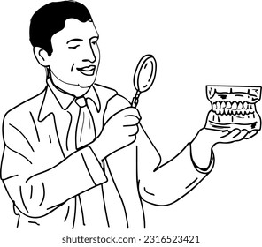 Dentist examining dentures with magnifying glass outline illustration