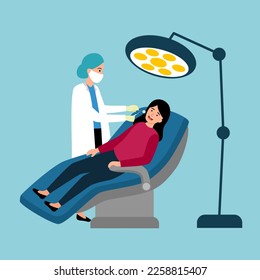 Dentist examining female patient teeth in dental clinic vector illustration.