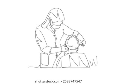 Dentist examining female patient's teeth. Visiting dentists concept one-line drawing