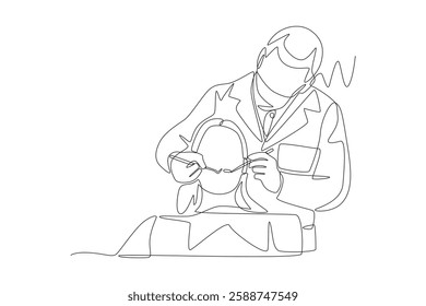 Dentist examining female patient's teeth. Visiting dentists concept one-line drawing