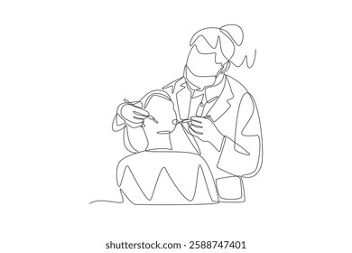 Dentist examining a male patient's teeth. Visiting dentists concept one-line drawing