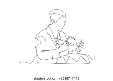 Dentist examining a male patient's teeth. Visiting dentists concept one-line drawing