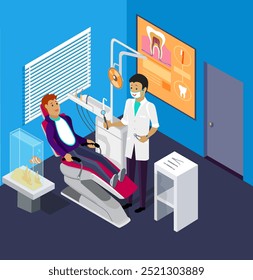 Dentist examining a patient in a chair within a brightly lit room with dental equipment, educational posters, and an aquarium. Ideal for healthcare, dental care, patient education, medical services