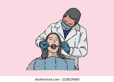 Dentist is examining patient. Dental health. Flat image.