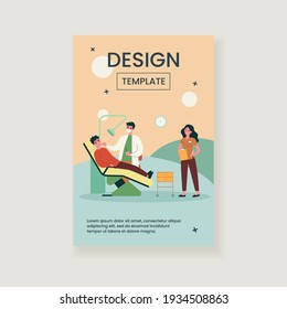 Dentist examining patient with nurse assistance. Man visiting dental clinic, sitting in dentist chair. Vector illustration for teeth treatment, healthcare, dental care, stomatology concepts