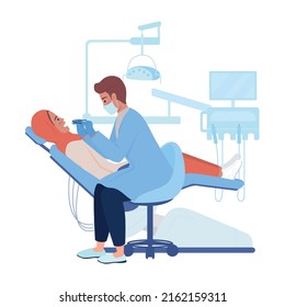 Dentist Examining Patient Oral Cavity Semi Flat Color Vector Characters. Posing Figures. Full Body People On White. Healthcare Simple Cartoon Style Illustration For Web Graphic Design And Animation