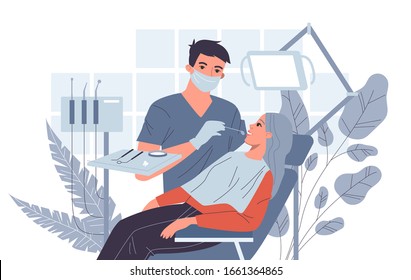 Dentist examining patient teeth. Woman visiting dental practitioners flat vector illustration. Healthcare, dental care, dentistry concept for banner, website design or landing web page