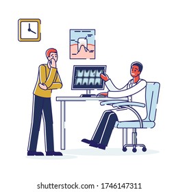 Dentist examining result of x-ray of patients tooth on workplace in dental clinic. Cartoon doctor and client with toothache. Dentistry medicine and consultation. Linear vector illustration