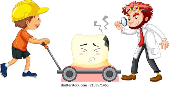 Dentist examining tooth decay with kid on white background illustration