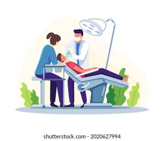 Dentist examining or treating patient teeth. Dentist doctor examining male patient lying in chair. Routine medical checkups. Vector illustration in a flat style