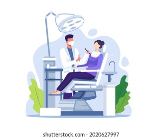 Dentist examining or treating patient teeth. Dentist doctor examining female patient lying in chair. Routine medical checkups. Vector illustration in a flat style